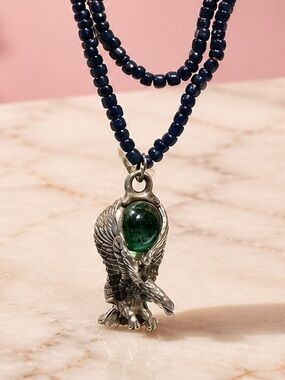 Vintage Navy Beaded Necklace with Green Stone Eagle Pendant